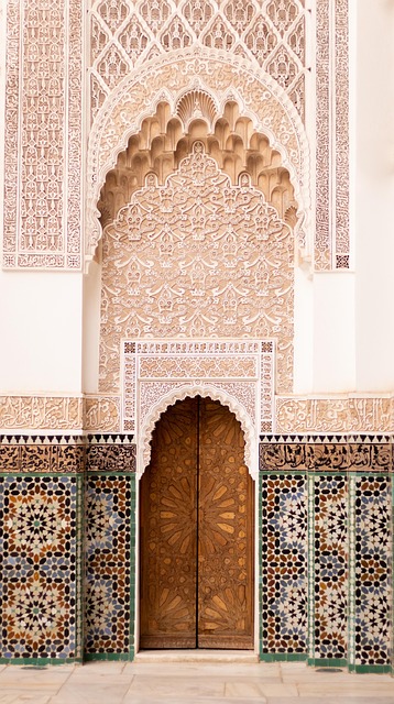 Carved stucco and zellige tilework at Ben Youssef Madrasa, Marrakech